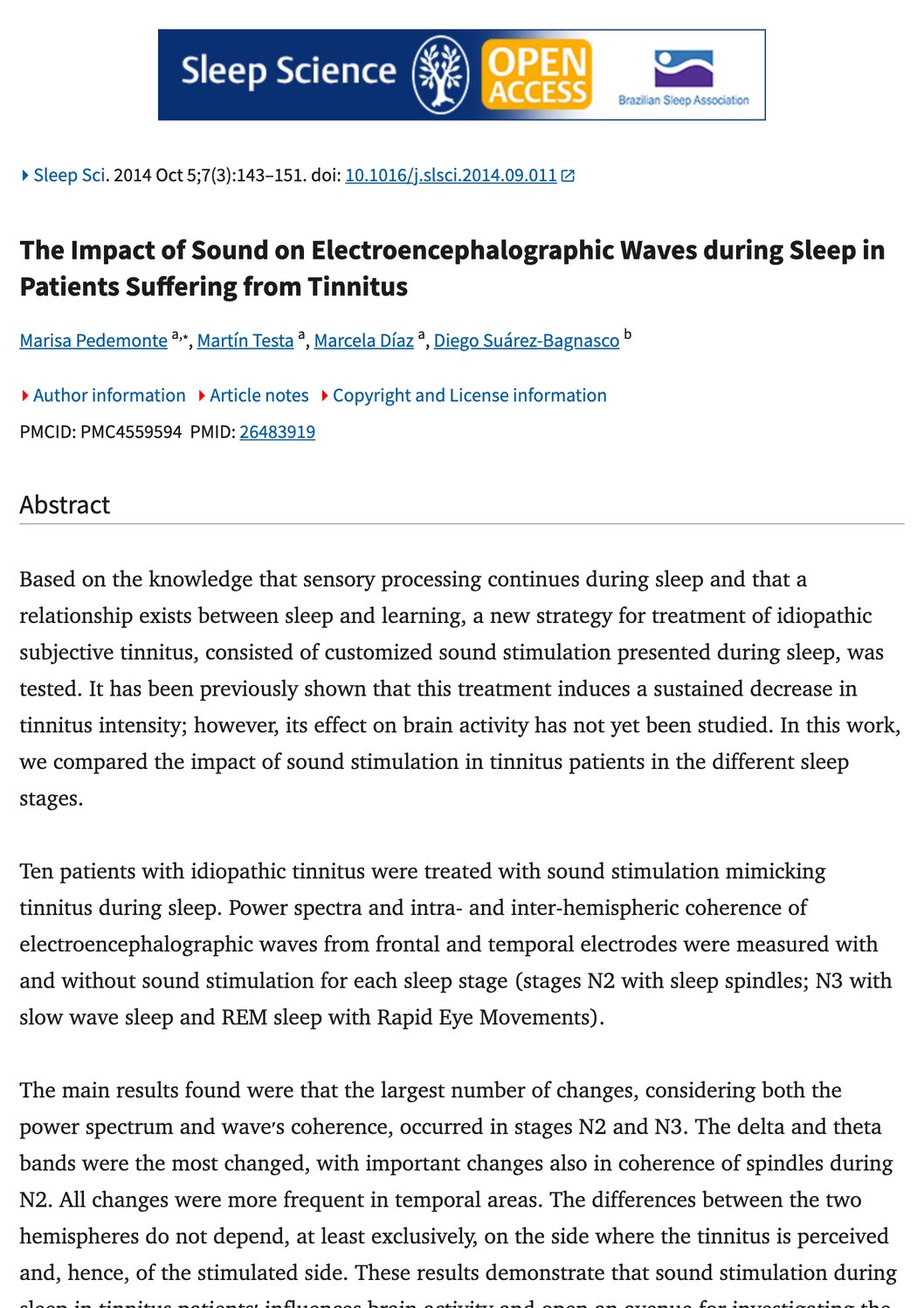 Artículo en PubMed Central: The Impact of Sound on Electroencephalographic Waves during Sleep in Patients Suffering from Tinnitus (Sleep Science, 2014).