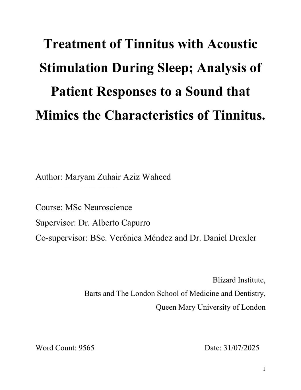 Portada de la tesis de máster (Queen Mary University of London, 2025)